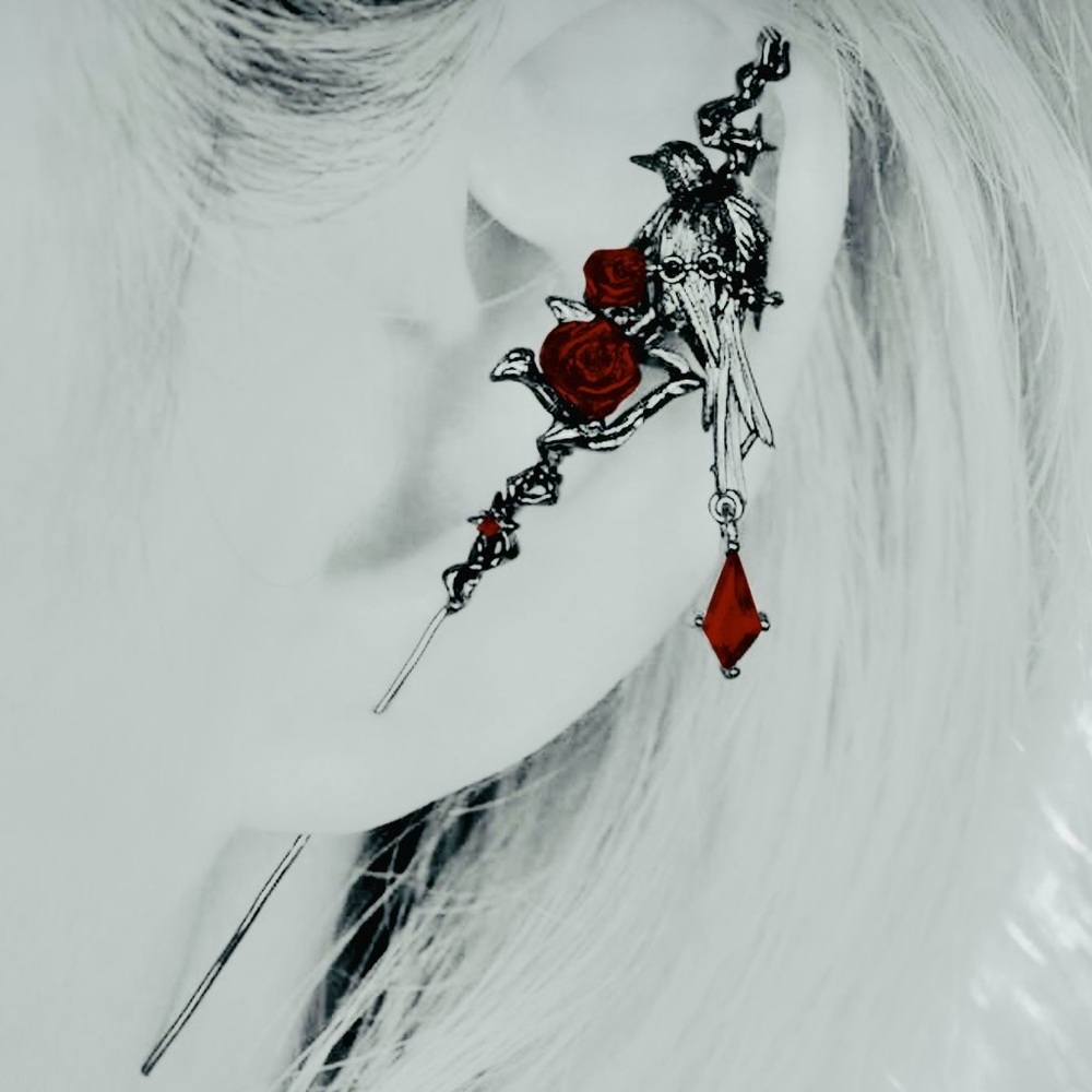 Raven~ Edgar Poe Perched Crow Rose Blood Droplet Macabre Crawler Climber Ear Pin